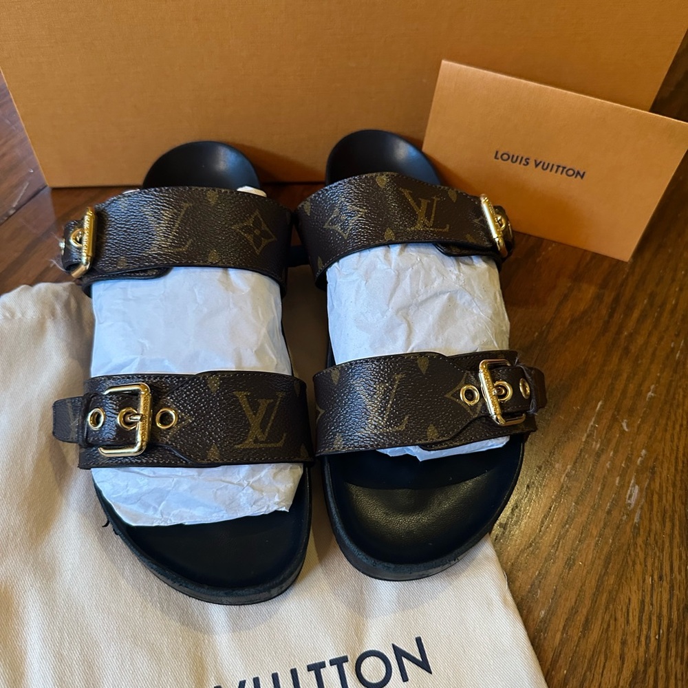Louis Vuitton Monogram Sandals. Original Receipt, Dust Bags, Box.